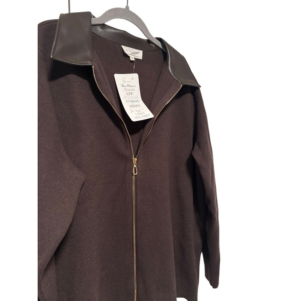 La Vila Milano Women’s Brown Zip Front Knit Cardigan Faux Leather Collar Size 2X - Picture 5 of 7